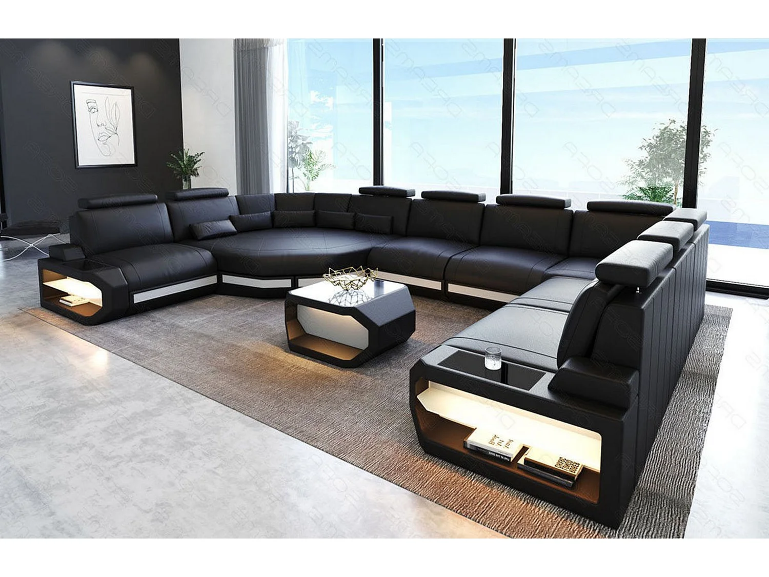 Sofa Asti U Leder Kunstleder Schwarz Weiß Rechts