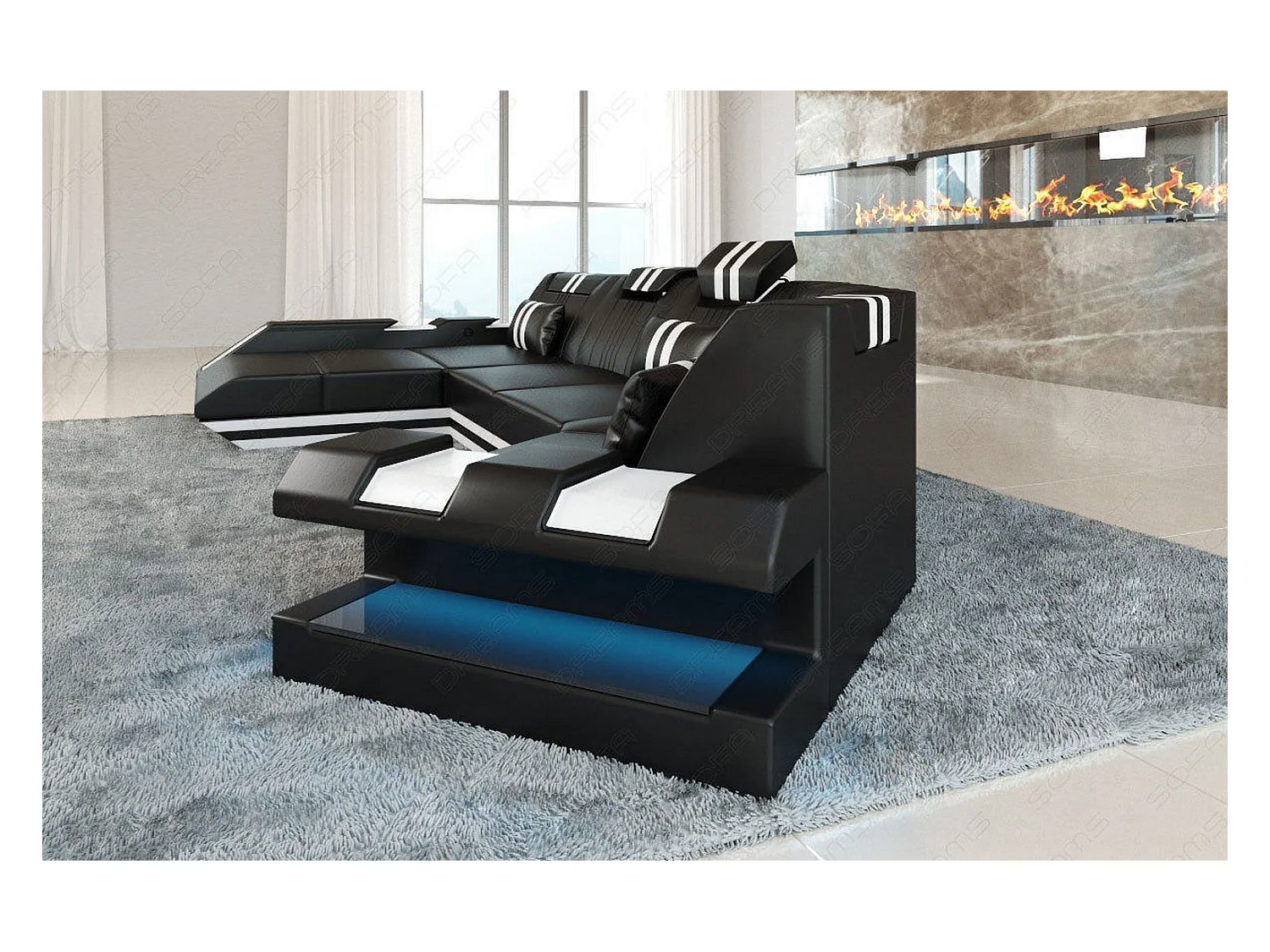 Ledersofa Apollonia C Form Ledermix Echt/Kunstleder Schwarz Weiß Links