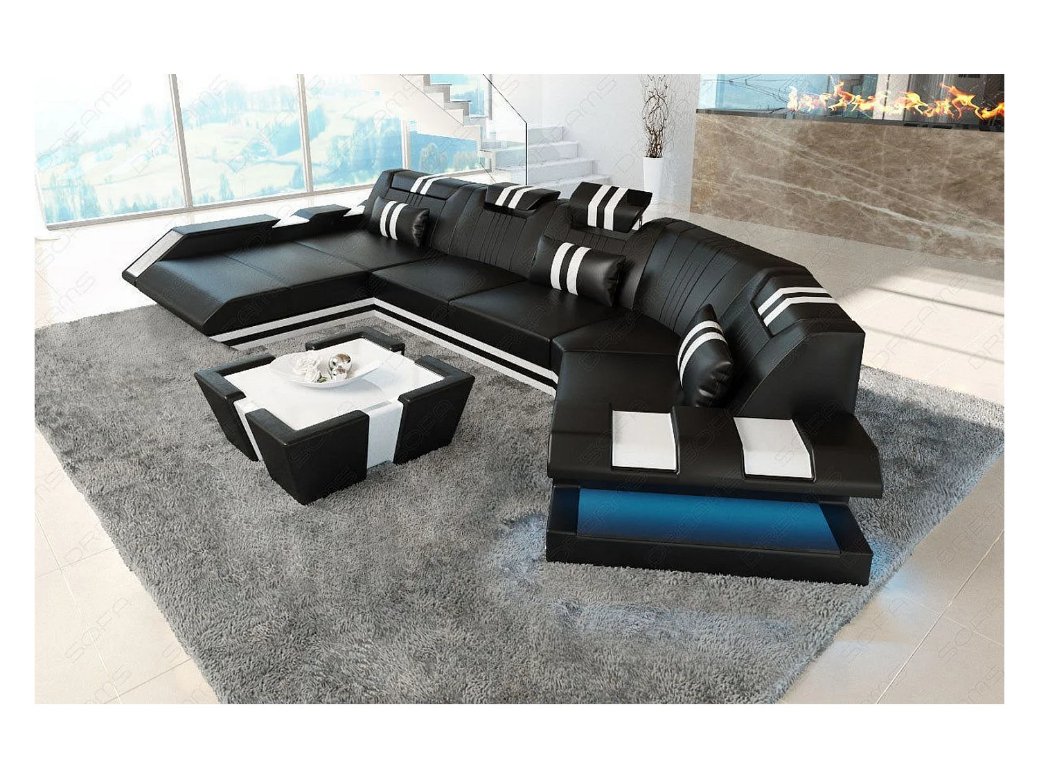 Ledersofa Apollonia C Form Ledermix Echt/Kunstleder Schwarz Weiß Links