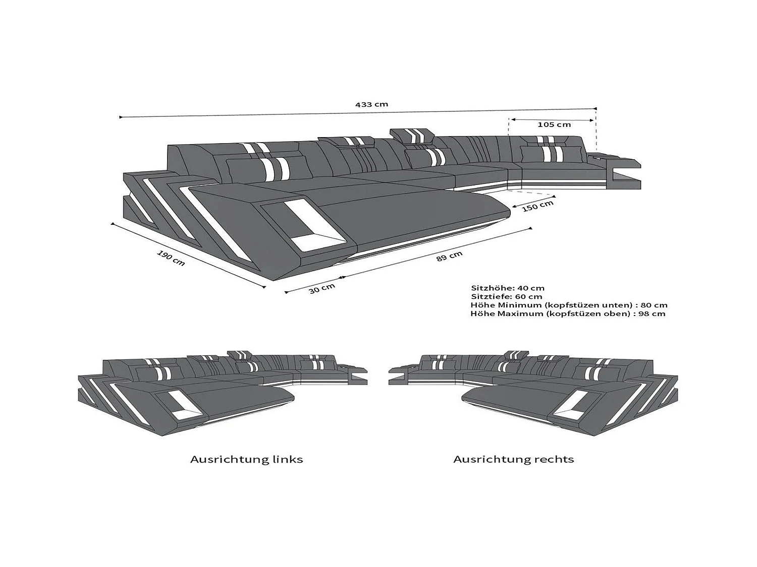 Ledersofa Apollonia C Form Ledermix Echt/Kunstleder Schwarz Weiß Links