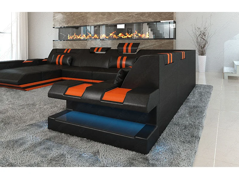 XXL Leder Wohnlandschaft Apollonia KP Schwarz Orange Links
