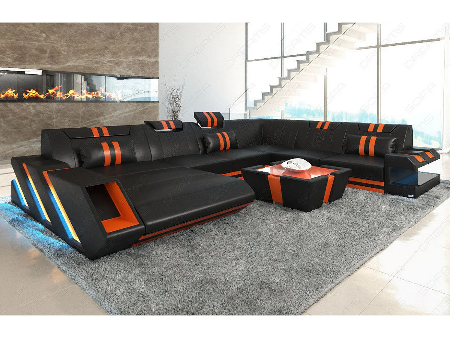 XXL Leder Wohnlandschaft Apollonia KP Schwarz Orange Links