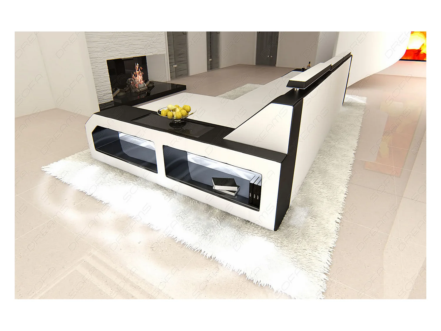 Ecksofa Arezzo Leder Kunstleder Weiß Schwarz Rechts