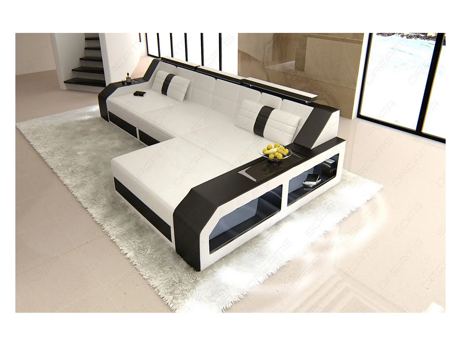 Ecksofa Arezzo Leder Kunstleder Weiß Schwarz Rechts