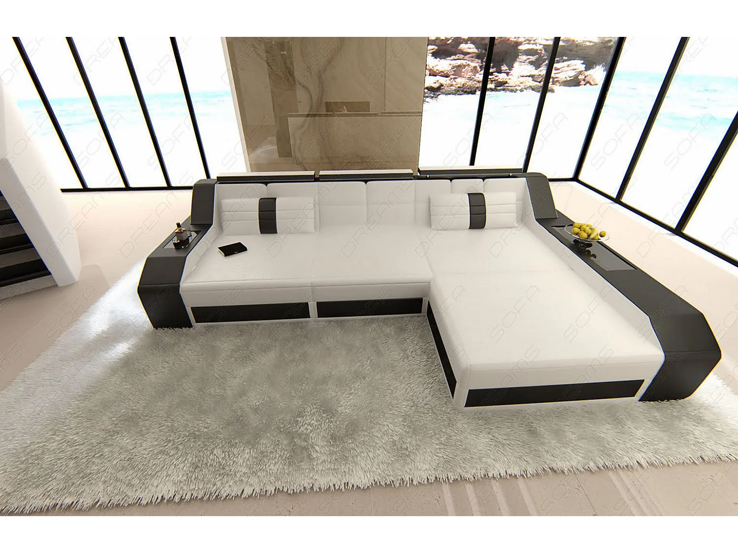 Ecksofa Arezzo Leder Kunstleder Weiß Schwarz Rechts