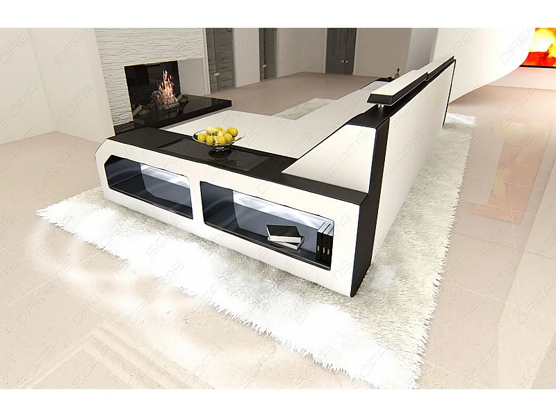 Ecksofa Arezzo Leder Kunstleder Weiß Schwarz Rechts