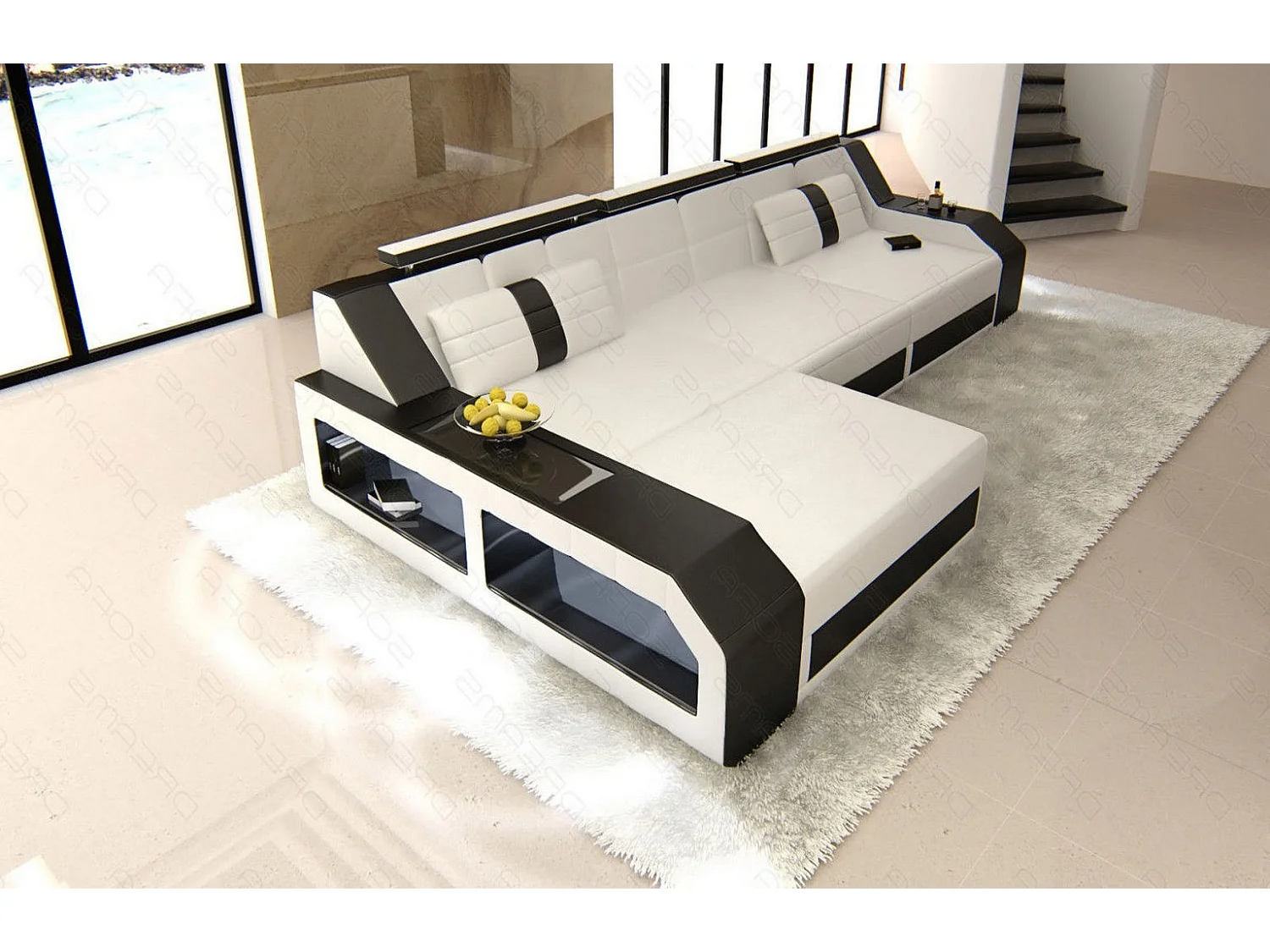 Ecksofa Arezzo Leder Kunstleder Weiß Schwarz Links