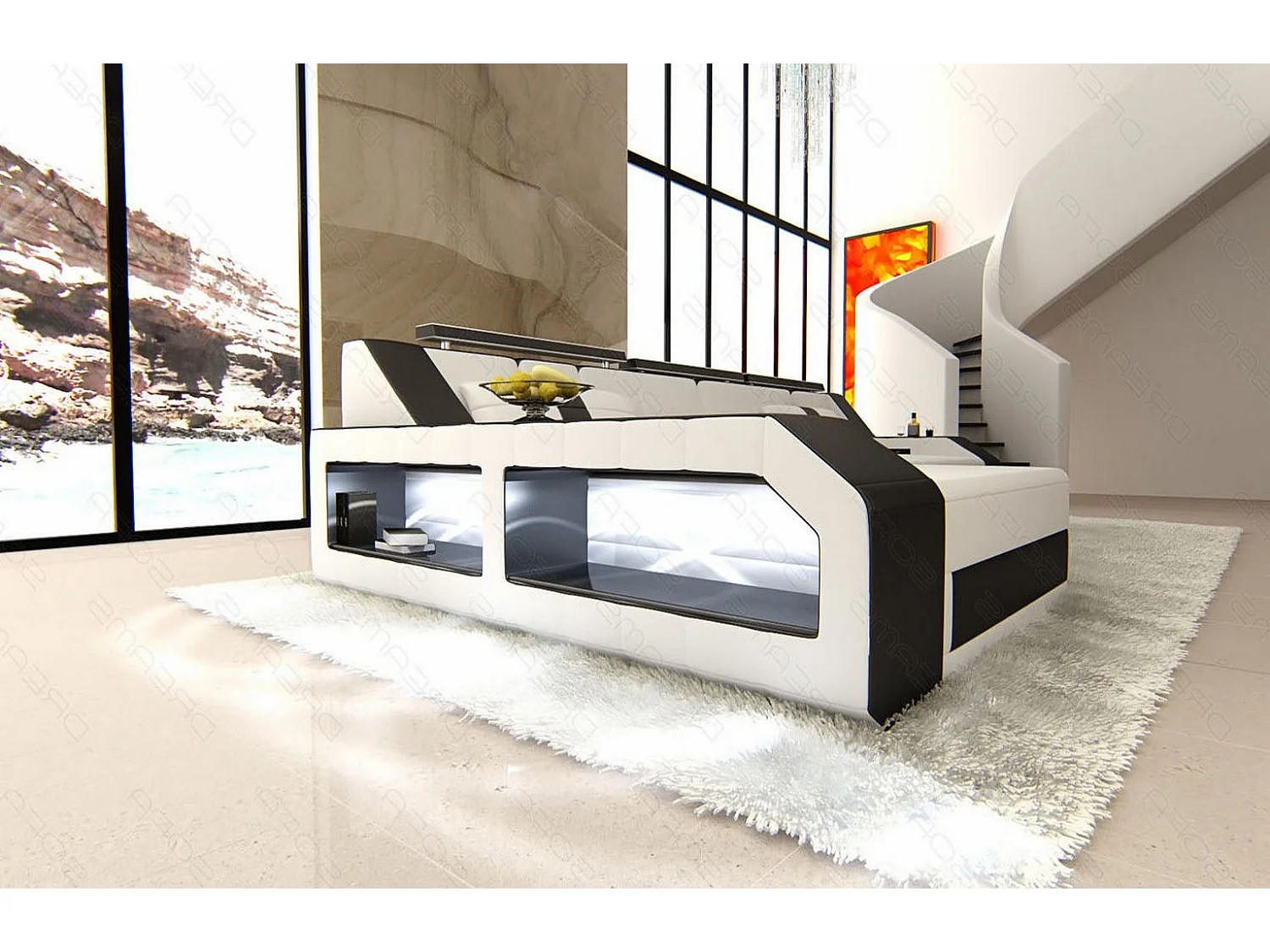 Ecksofa Arezzo Leder Kunstleder Weiß Schwarz Links