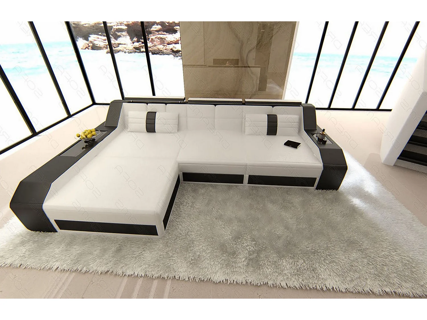 Ecksofa Arezzo Leder Kunstleder Weiß Schwarz Links