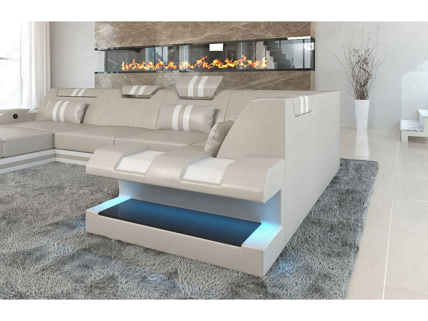 Ledersofa Apollonia U Form EM Beige Weiß Links