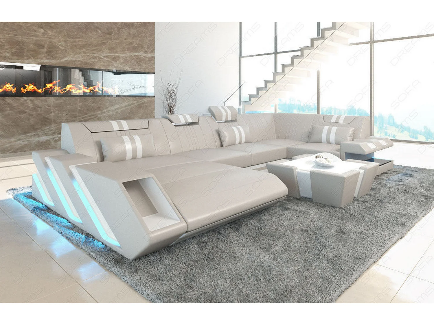 Ledersofa Apollonia U Form EM Beige Weiß Links