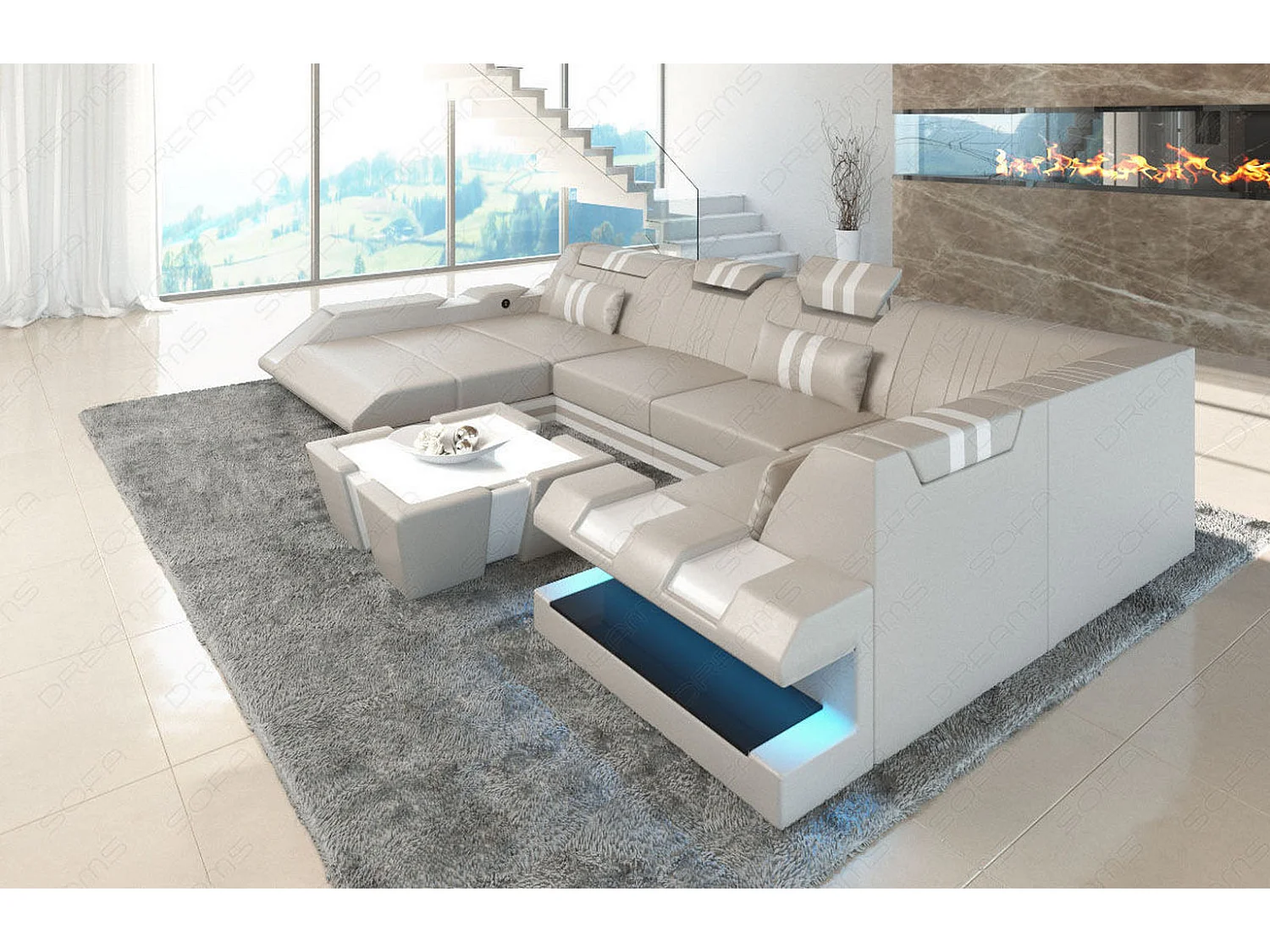 Ledersofa Apollonia U Form EM Beige Weiß Links