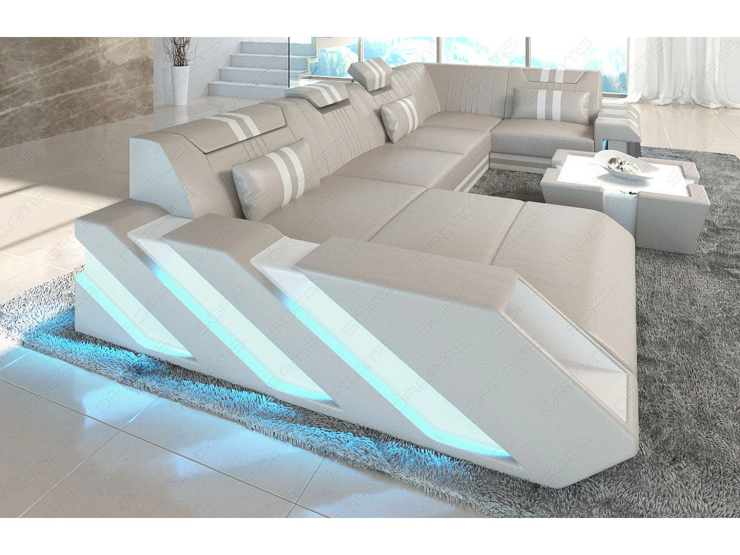 Ledersofa Apollonia U Form EM Beige Weiß Links