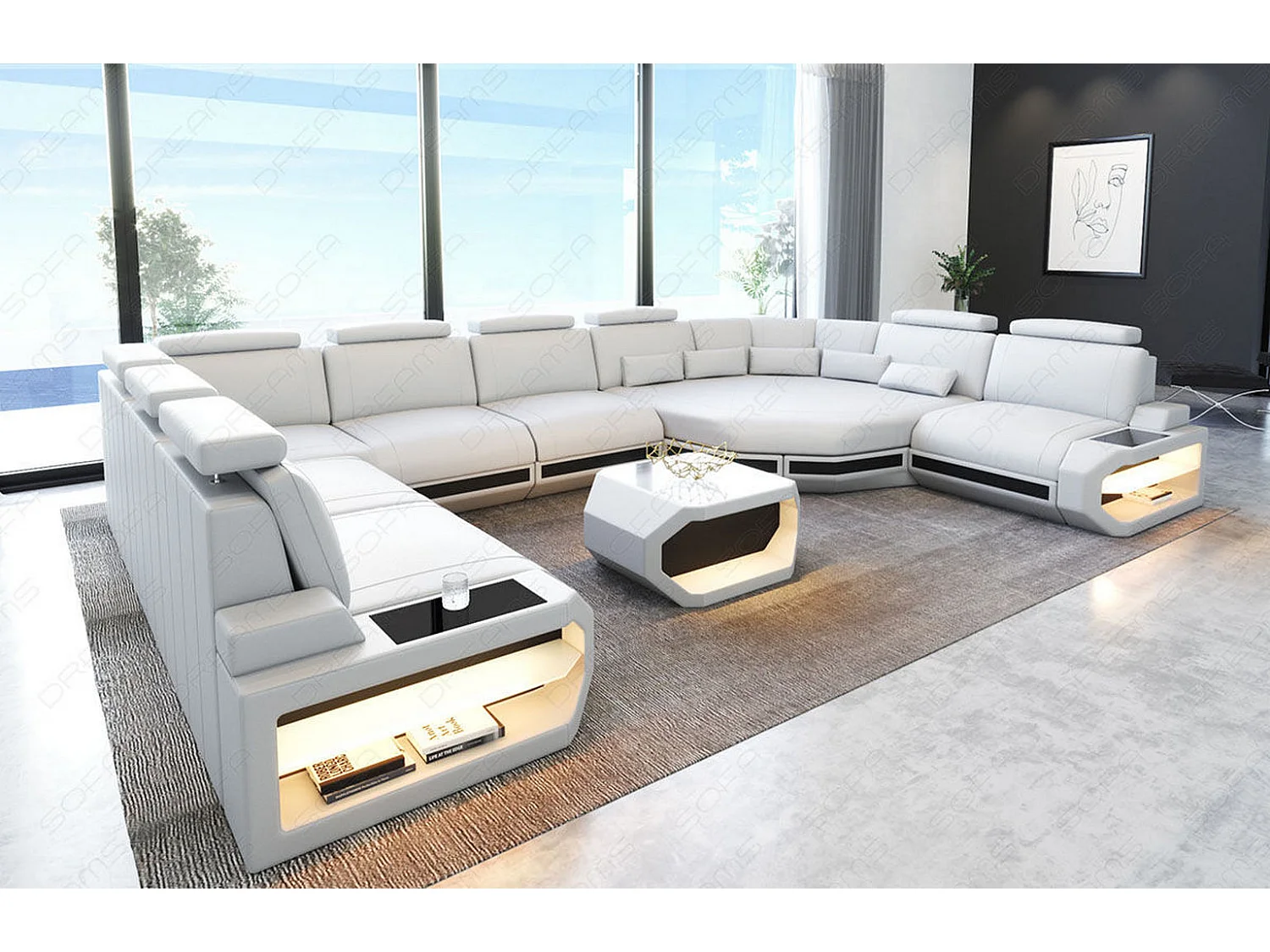 Sofa Asti U Leder Kunstleder Weiß Schwarz Links