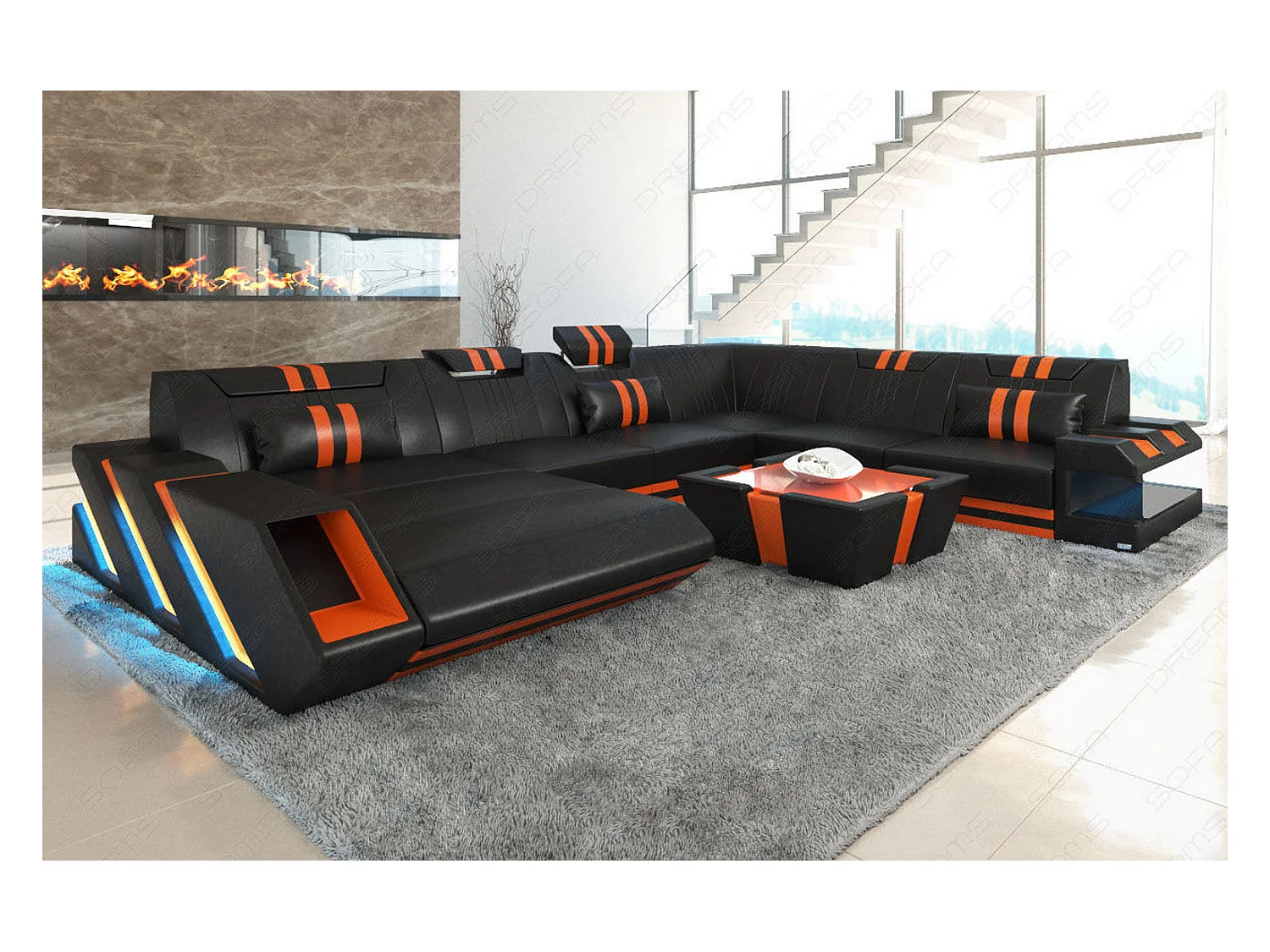 XXL Leder Wohnlandschaft Apollonia EM Schwarz Orange Links