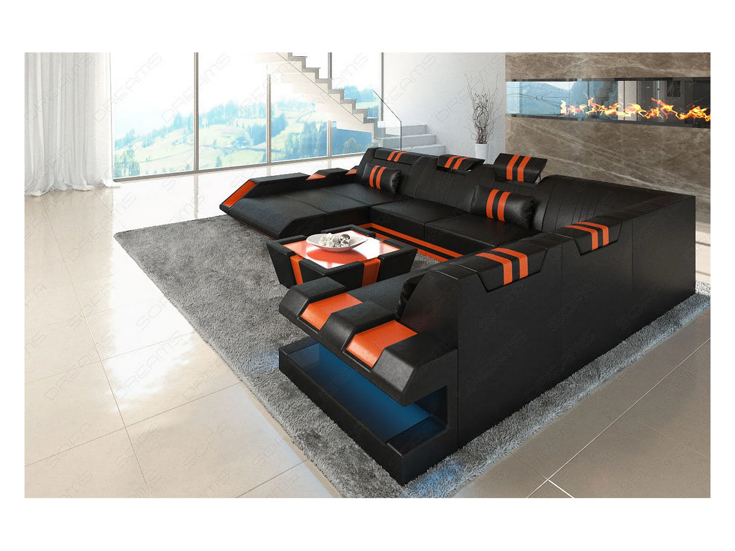 XXL Leder Wohnlandschaft Apollonia EM Schwarz Orange Links