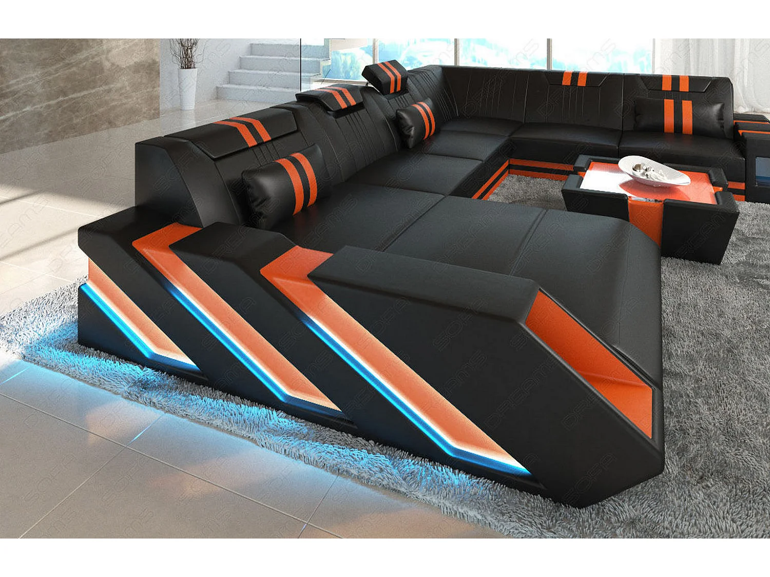 XXL Leder Wohnlandschaft Apollonia EM Schwarz Orange Links