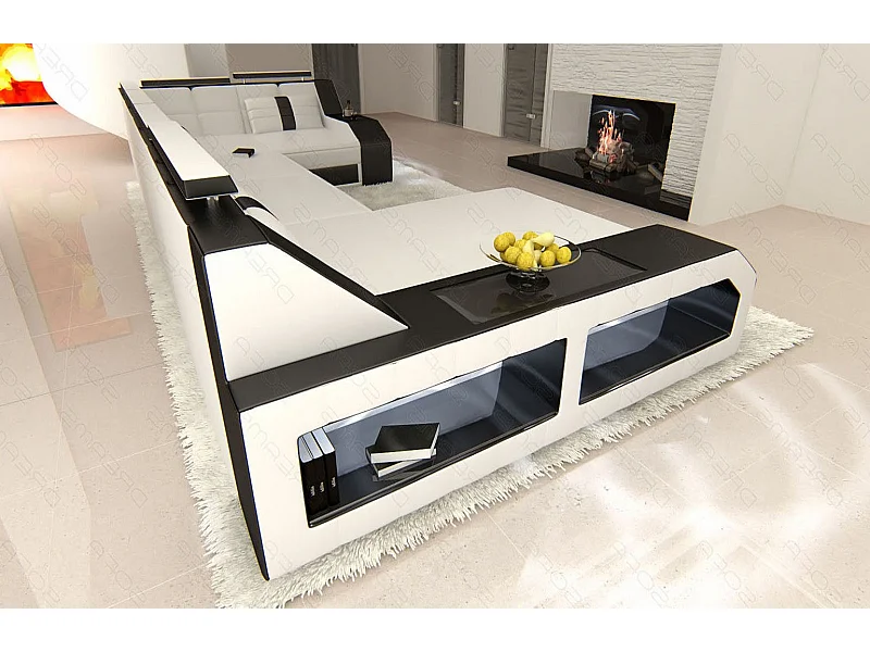 Sofa Arezzo U Leder Kunstleder Weiß Schwarz Links