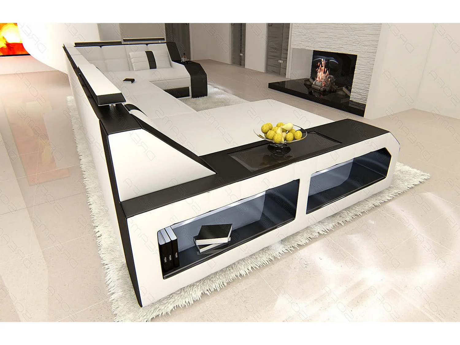 Sofa Arezzo U Leder Kunstleder Weiß Schwarz Links