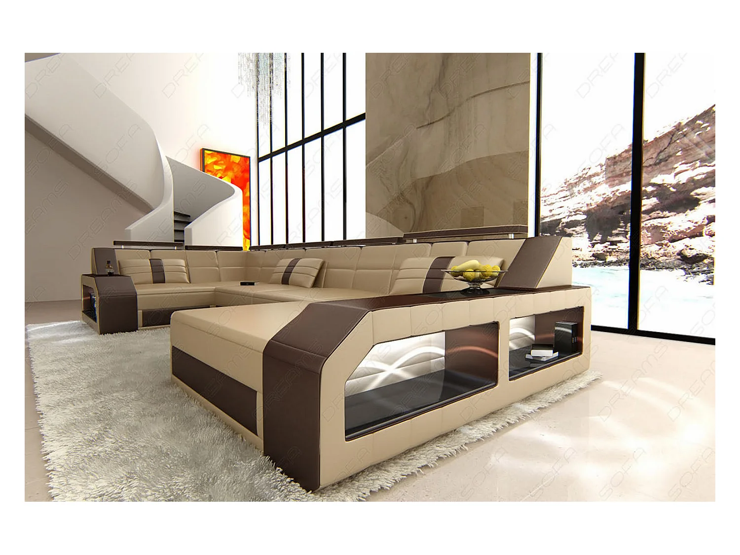 Sofa Arezzo U Leder Kunstleder Sandbeige Braun Rechts
