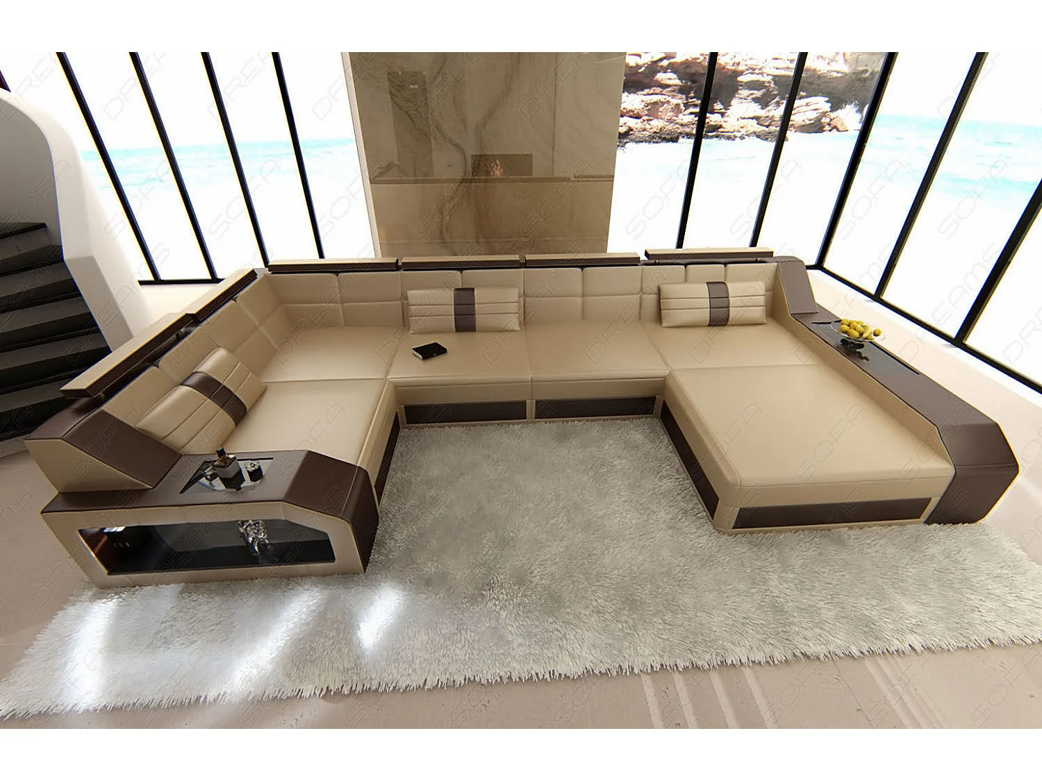 Sofa Arezzo U Leder Kunstleder Sandbeige Braun Rechts