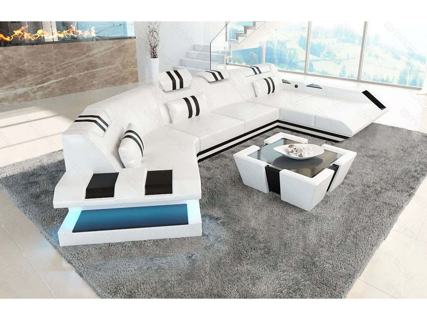 Ledersofa Apollonia C Form Echtleder Weiß Schwarz Rechts