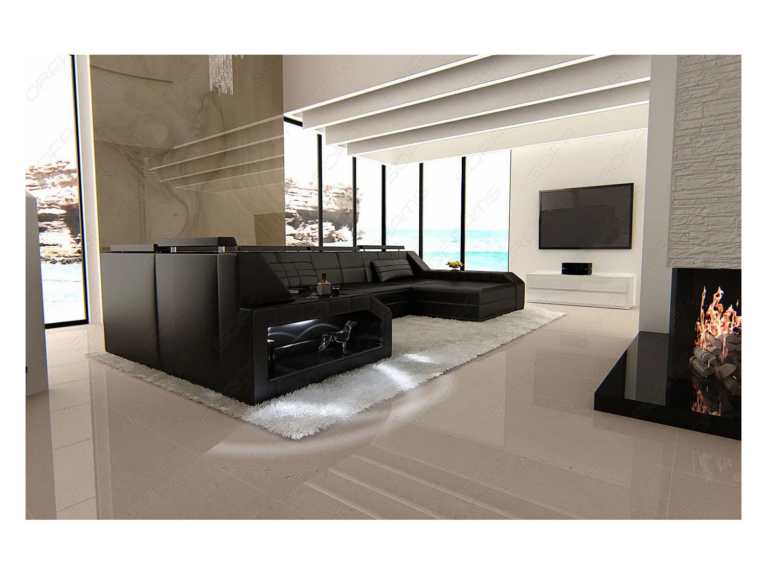Sofa Arezzo U Leder Echtleder Schwarz Rechts