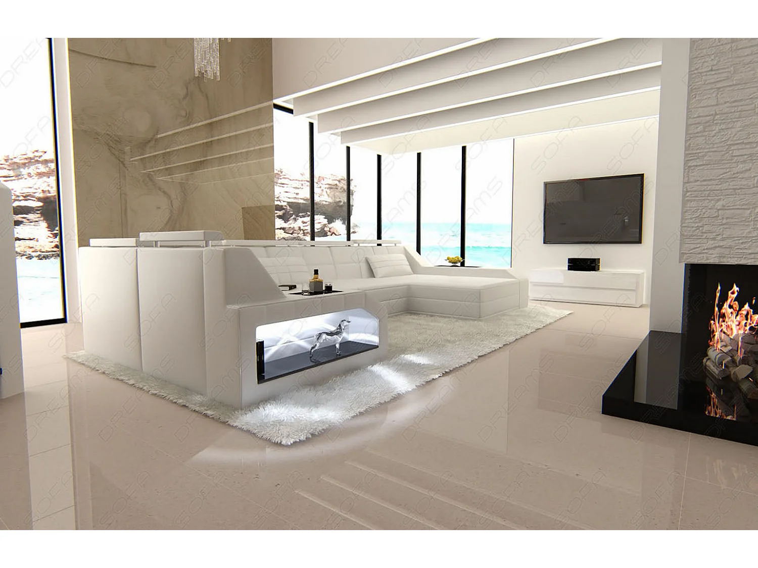 Sofa Arezzo U Leder Kunstleder Weiß Rechts