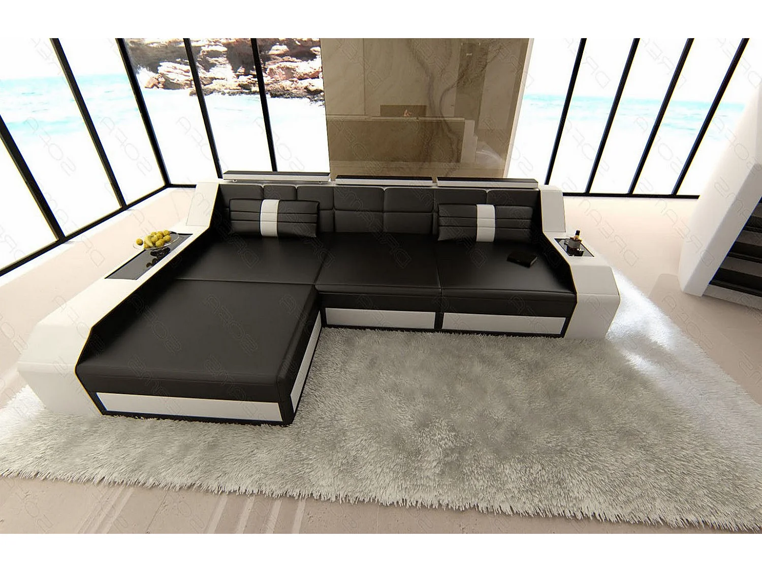 Ecksofa Arezzo Leder Kunstleder Schwarz Weiß Links