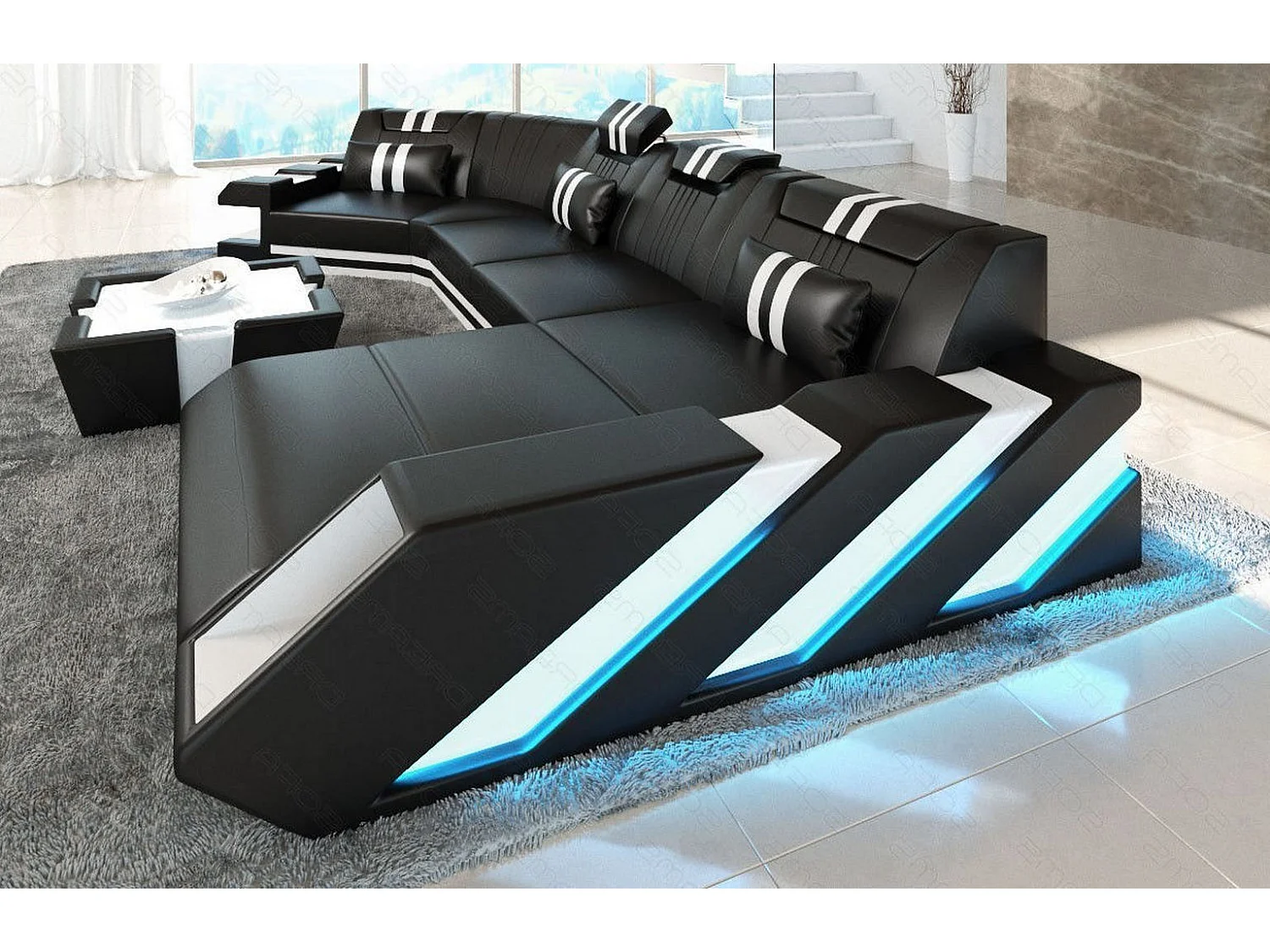 Ledersofa Apollonia C Form Premium Kunstleder Schwarz Weiß Rechts