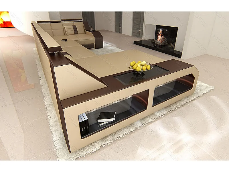 Sofa Arezzo U Leder Ledermix Sandbeige Braun Links