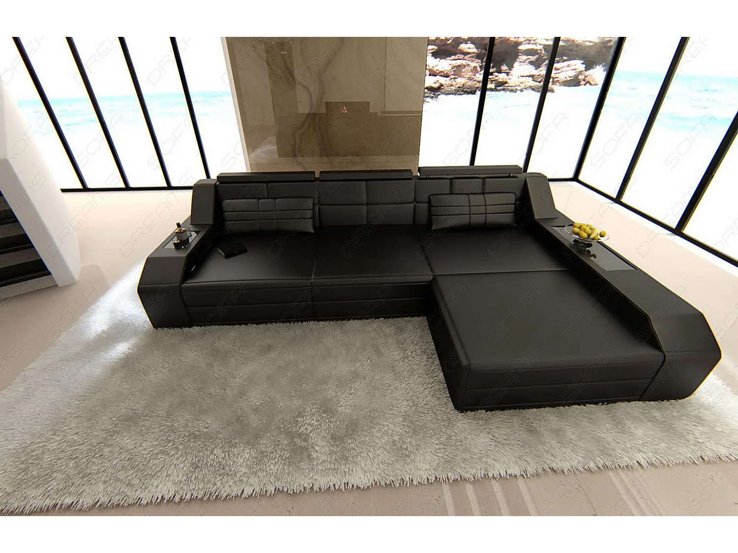 Ecksofa Arezzo Leder Ledermix Schwarz Rechts