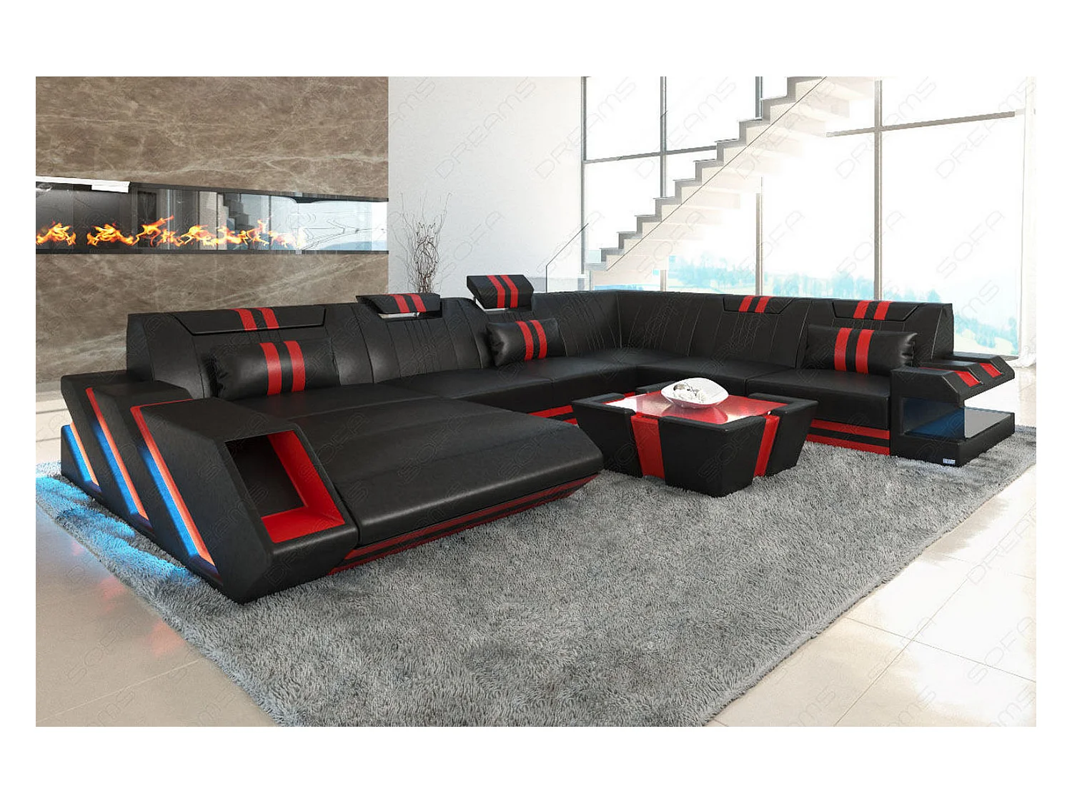 XXL Leder Wohnlandschaft Apollonia EL Schwarz Rot Links