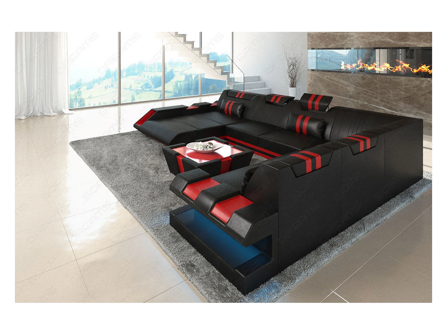 XXL Leder Wohnlandschaft Apollonia EL Schwarz Rot Links