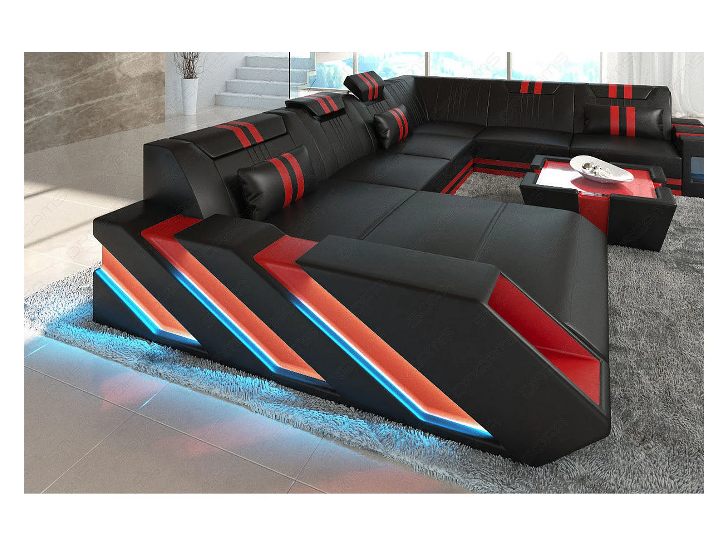 XXL Leder Wohnlandschaft Apollonia EL Schwarz Rot Links