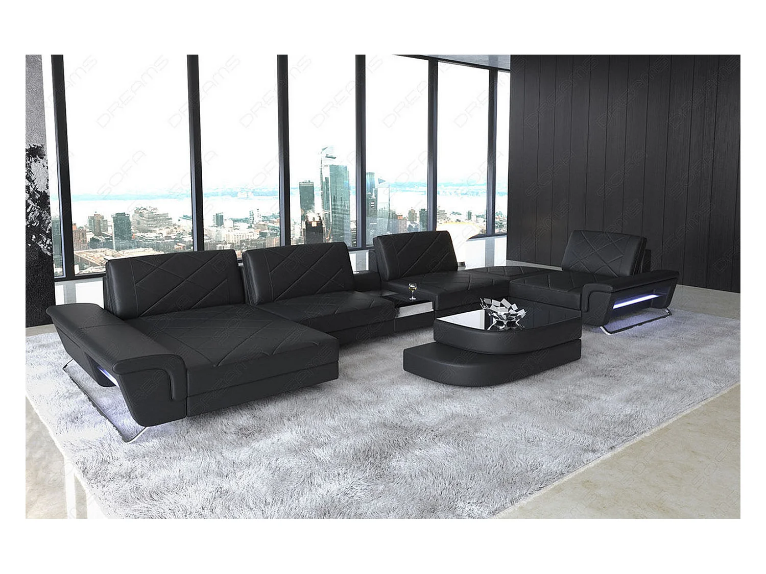 Sofa Bari U Leder Echtleder Schwarz Links