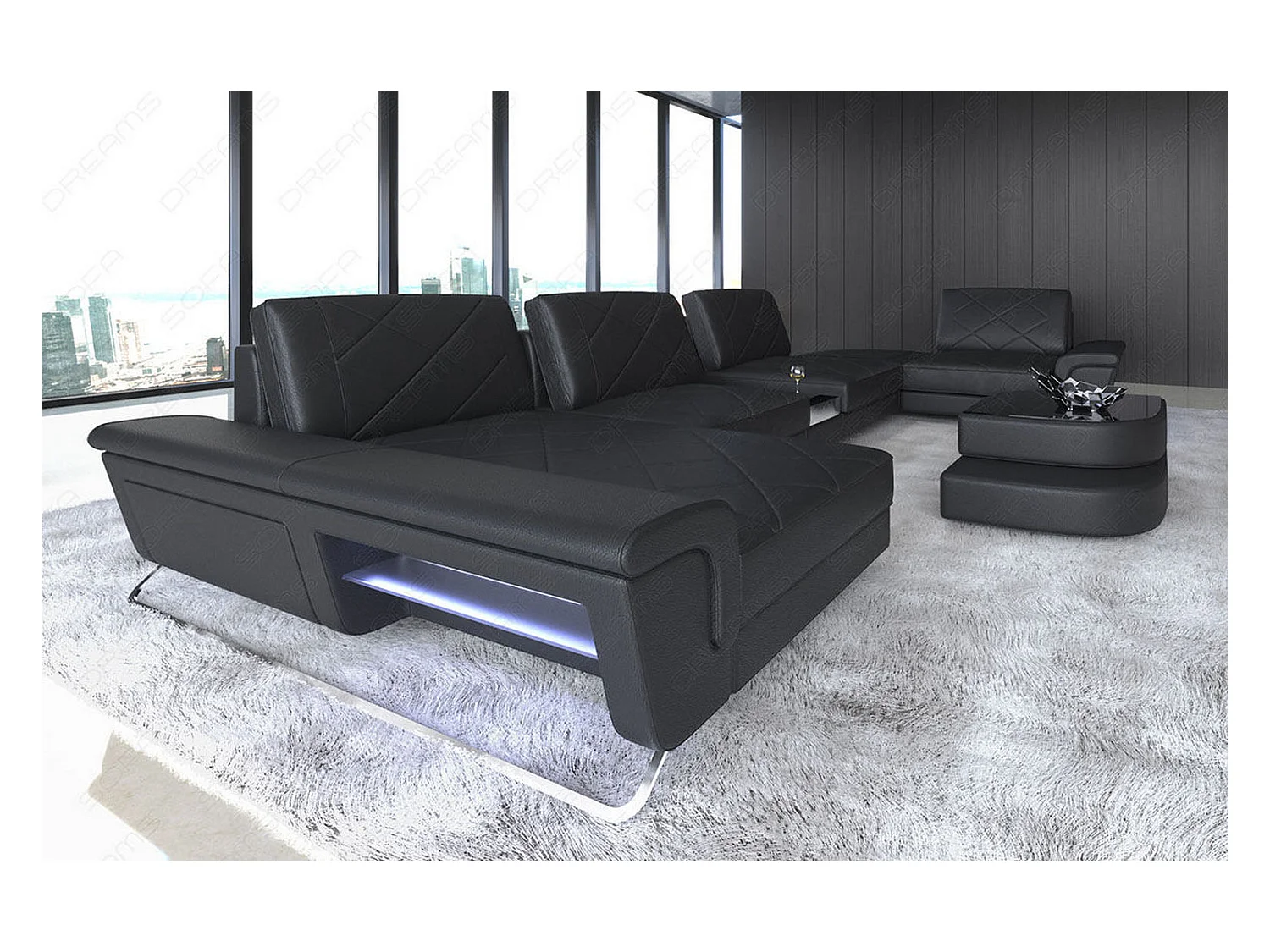 Sofa Bari U Leder Echtleder Schwarz Links