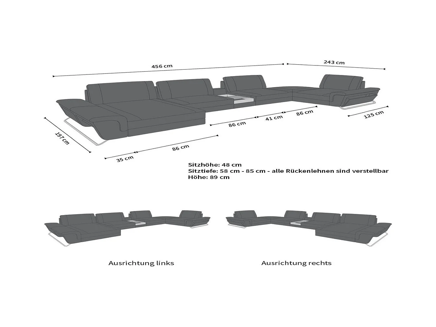 Sofa Bari U Leder Echtleder Schwarz Links