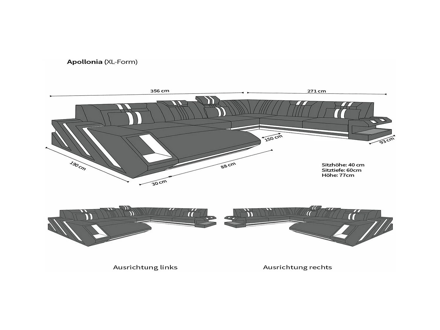 XXL Leder Wohnlandschaft Apollonia BL Schwarz Grau Rechts