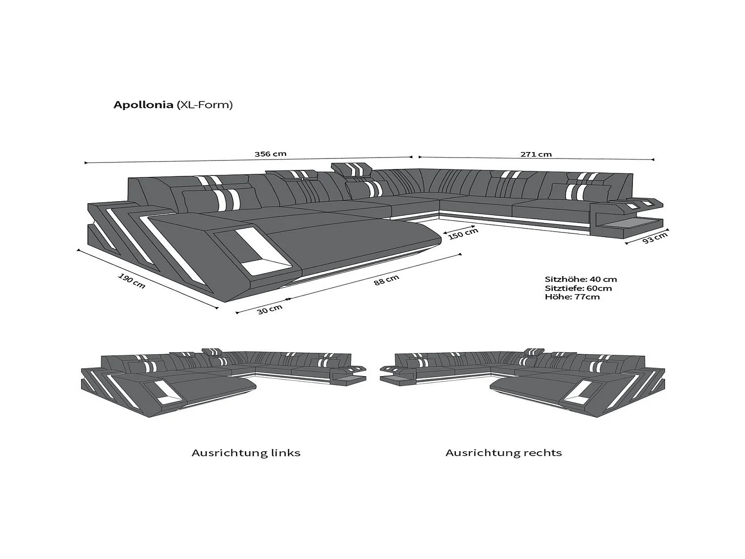XXL Leder Wohnlandschaft Apollonia BL Schwarz Grau Rechts