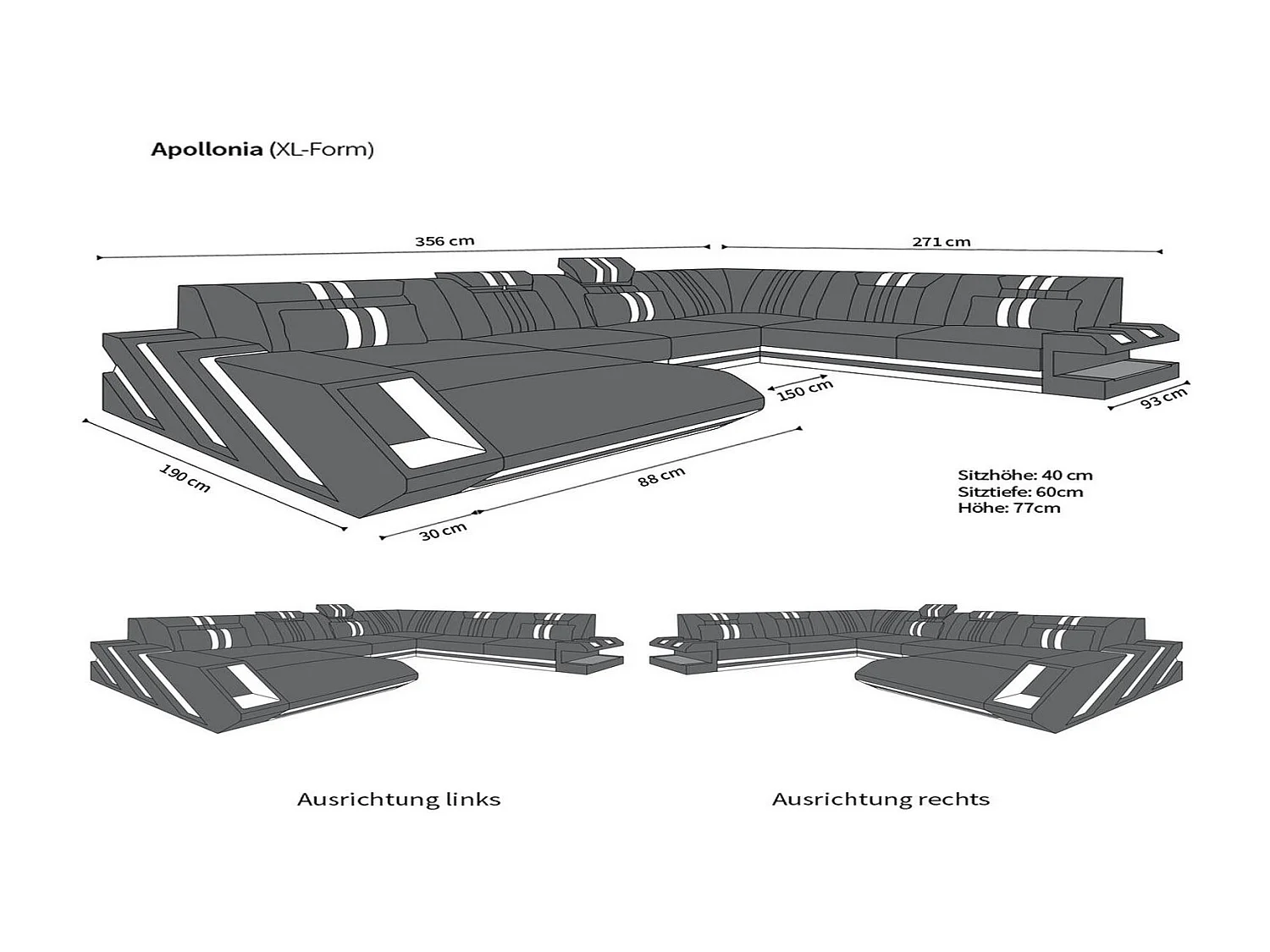 XXL Leder Wohnlandschaft Apollonia BL Schwarz Grau Rechts
