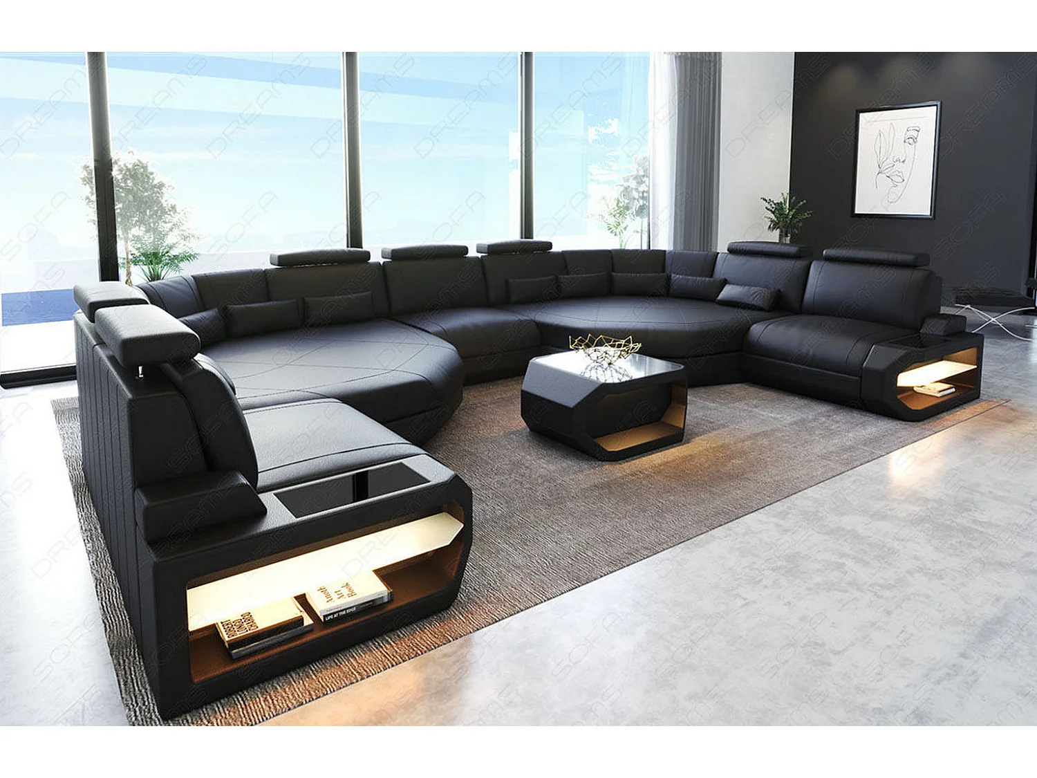 XXL Sofa Asti Leder Kunstleder Schwarz