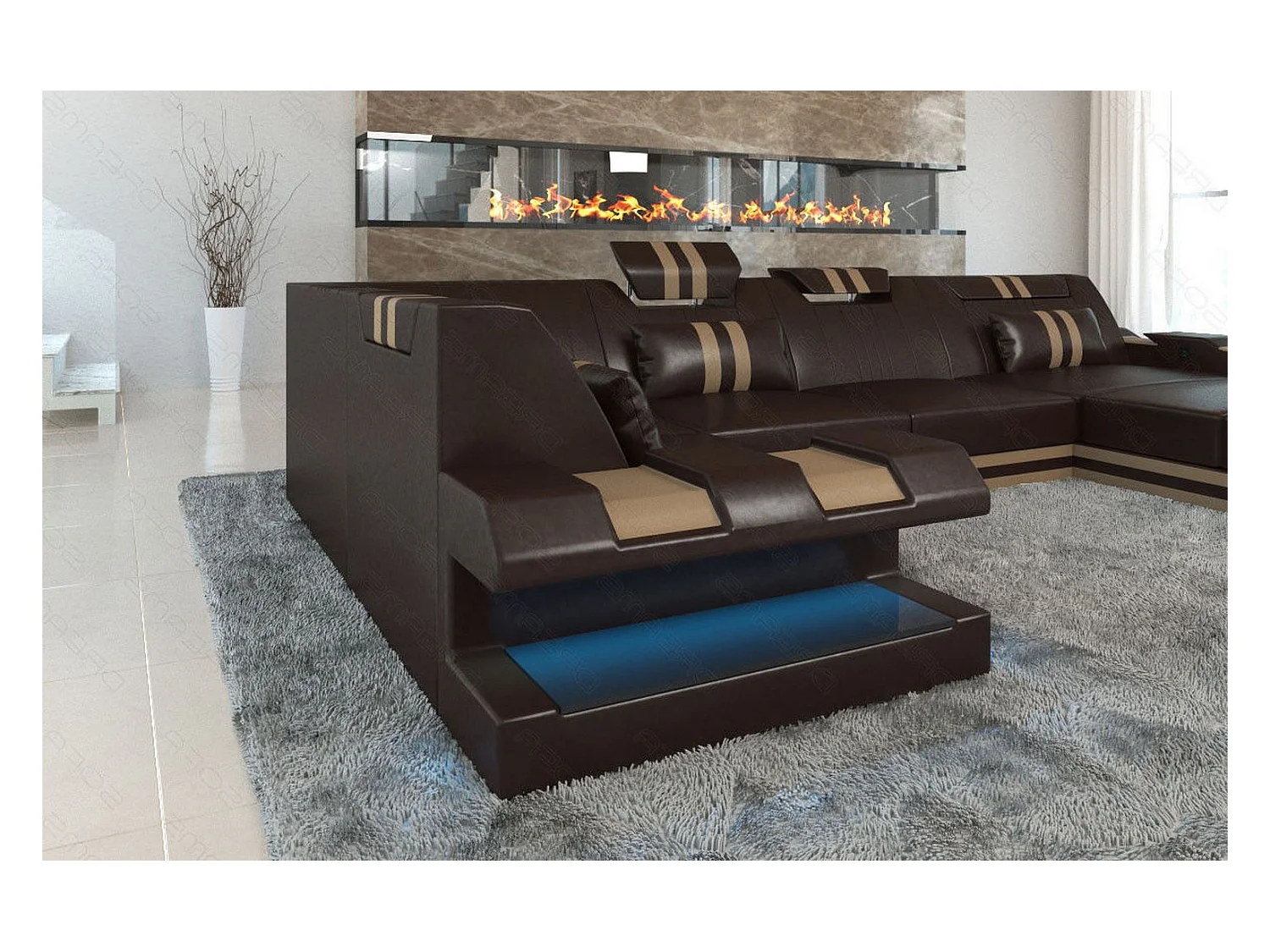 Ledersofa Apollonia U Form EL Dunkelbraun Sandbeige Rechts