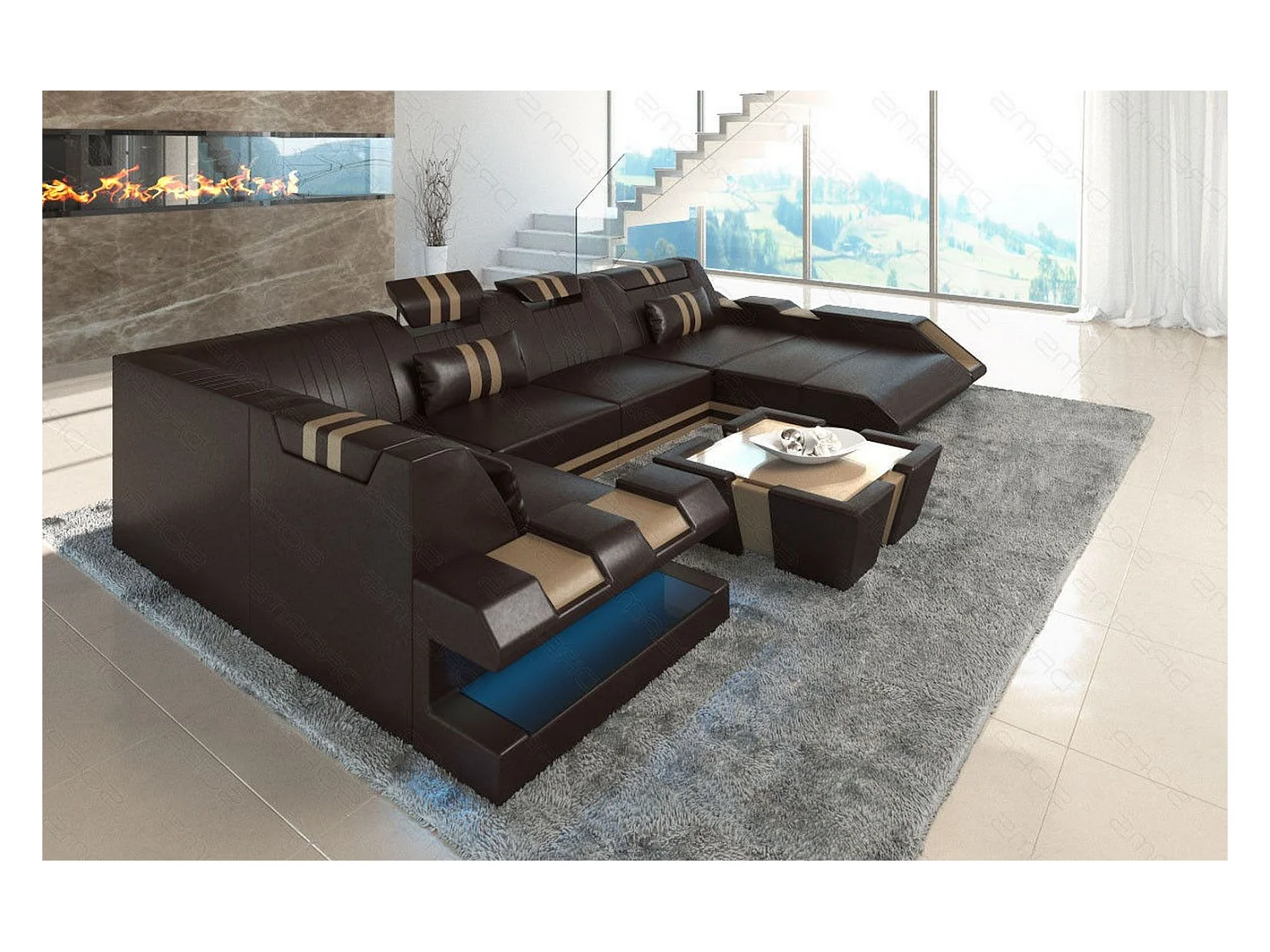 Ledersofa Apollonia U Form EL Dunkelbraun Sandbeige Rechts