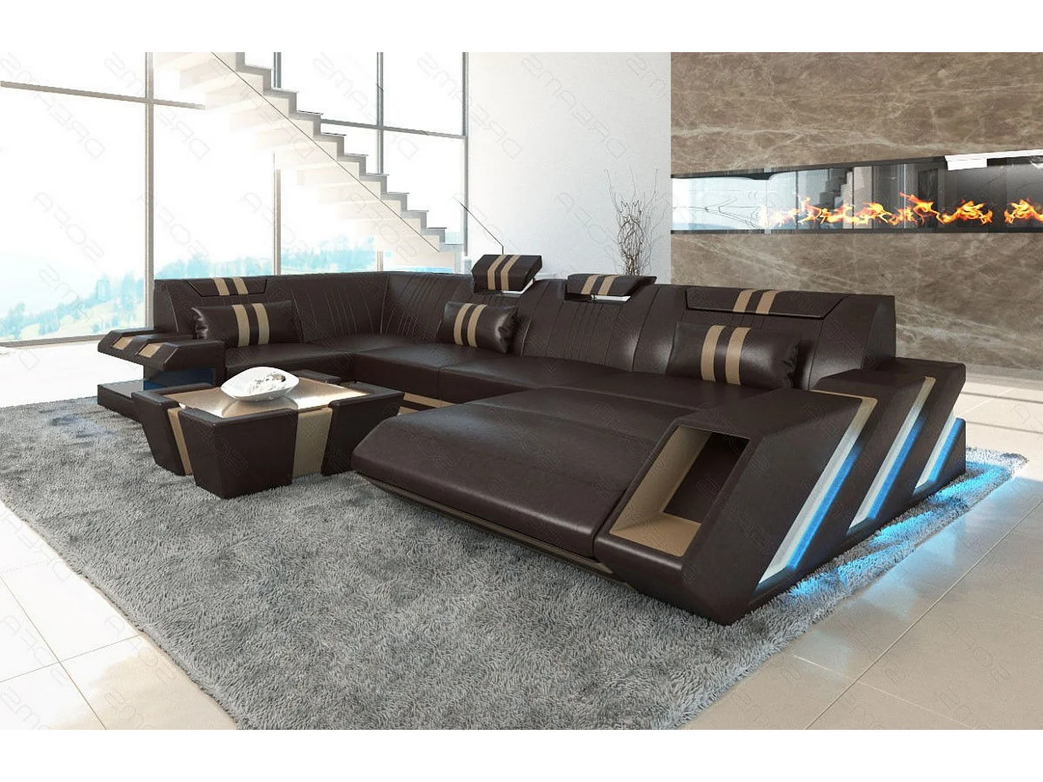 Ledersofa Apollonia U Form EL Dunkelbraun Sandbeige Rechts