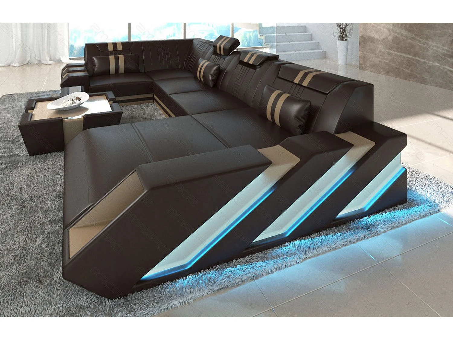 Ledersofa Apollonia U Form EL Dunkelbraun Sandbeige Rechts