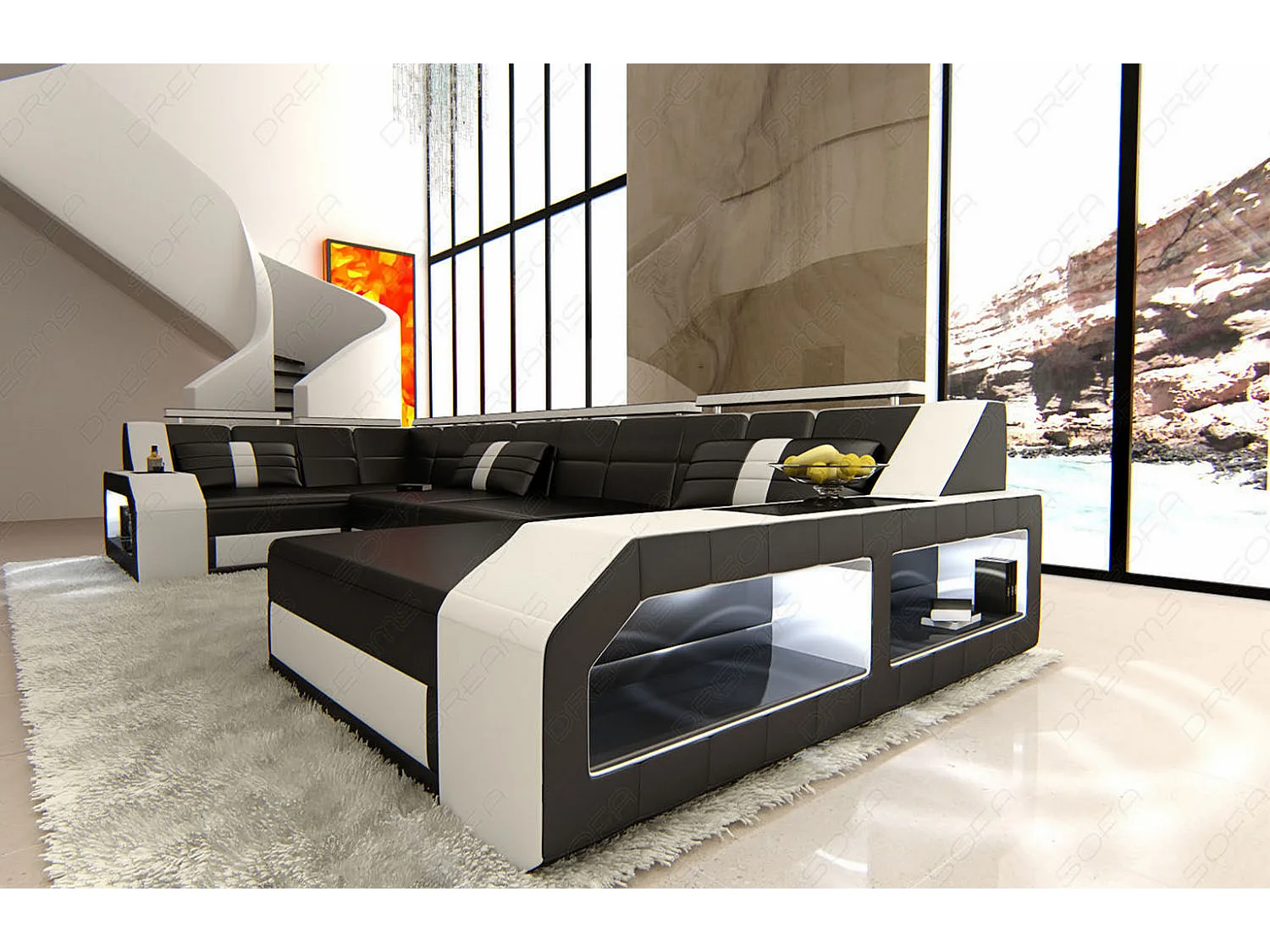 Sofa Arezzo U Leder Kunstleder Schwarz Weiß Rechts