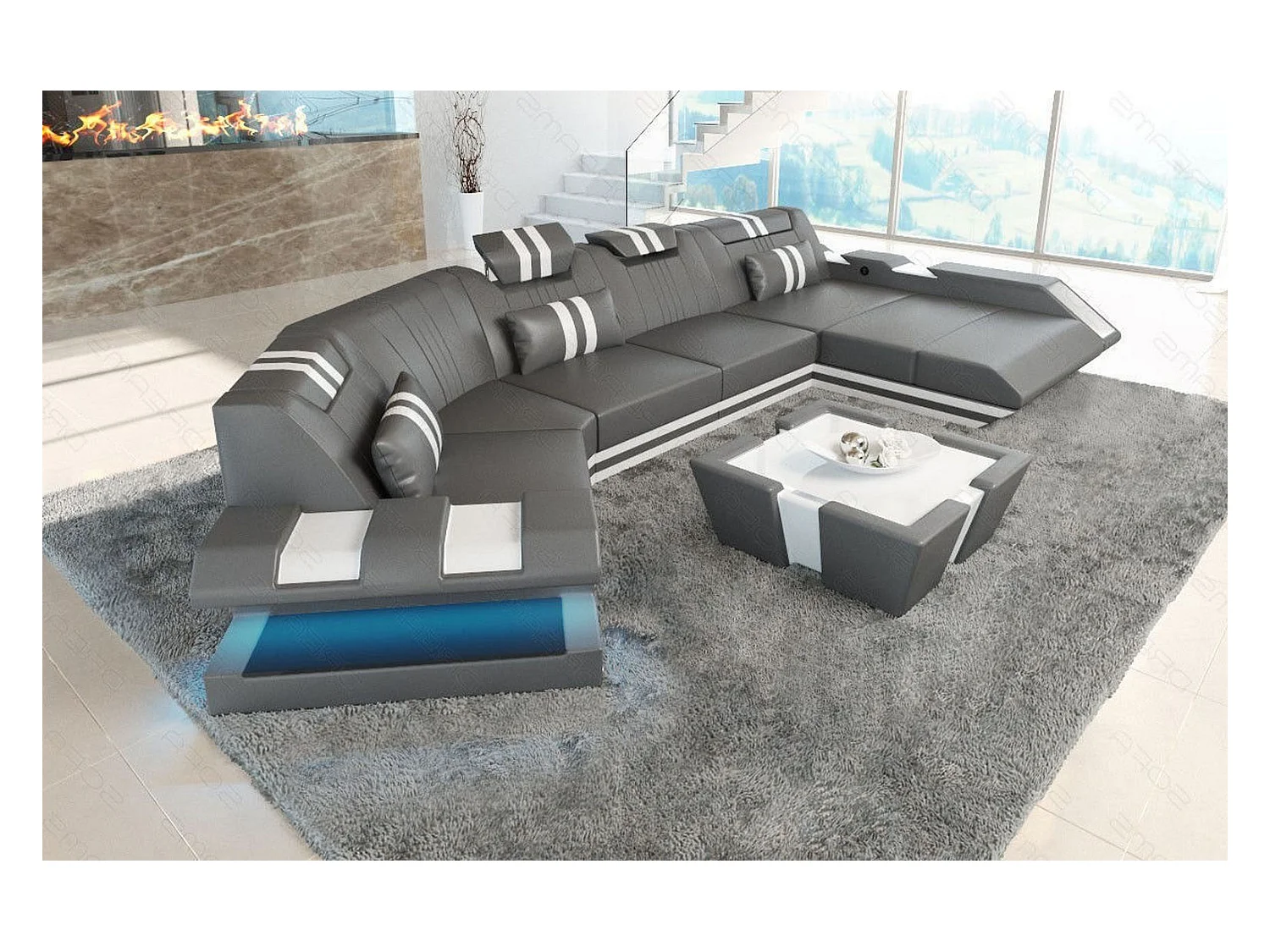 Ledersofa Apollonia C Form Echtleder Grau Weiß Rechts