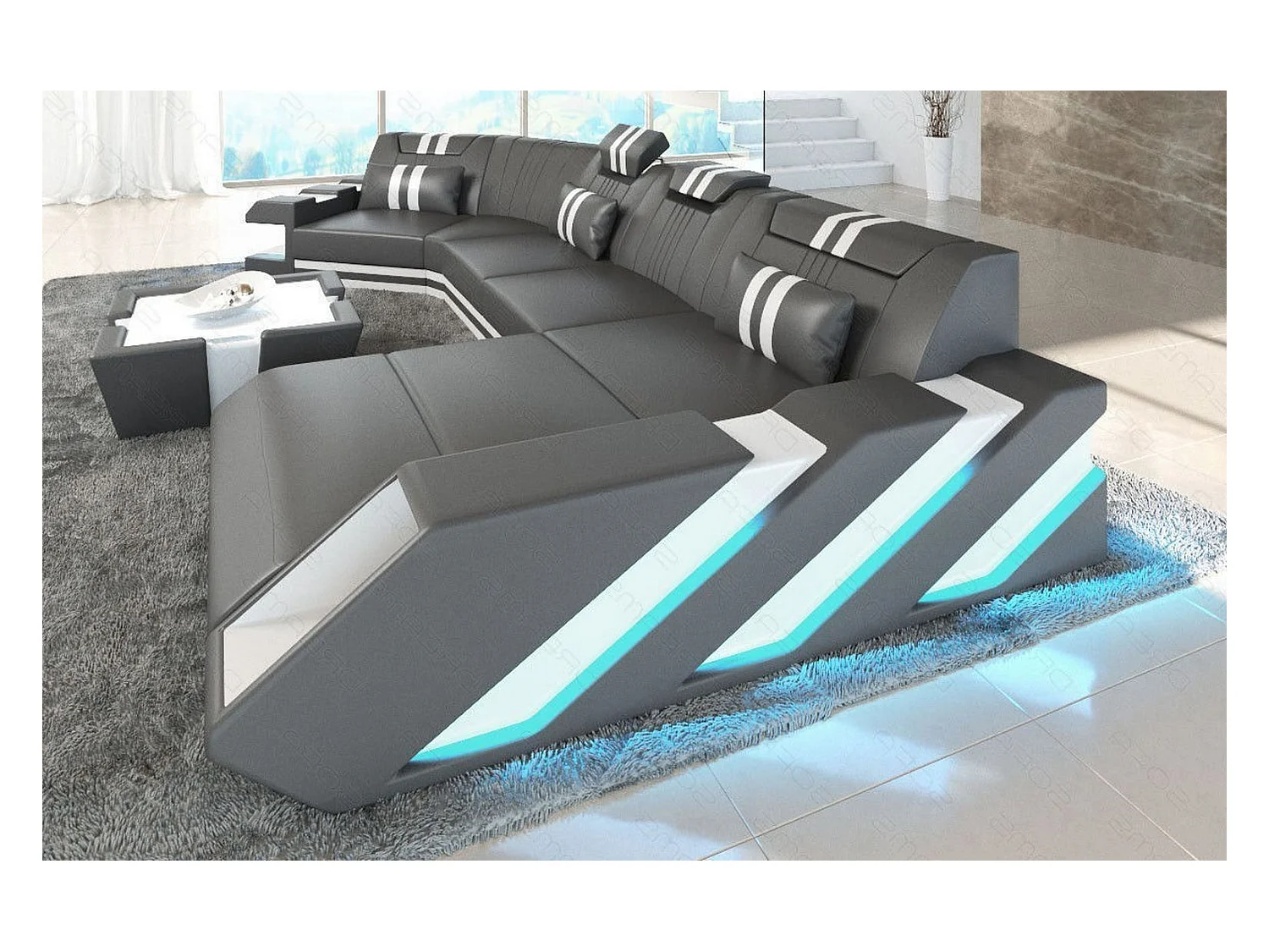 Ledersofa Apollonia C Form Echtleder Grau Weiß Rechts