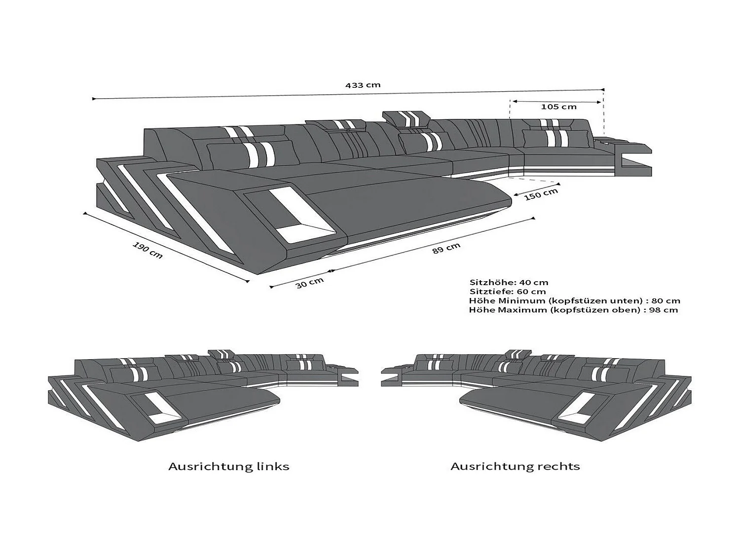 Ledersofa Apollonia C Form Echtleder Grau Weiß Rechts